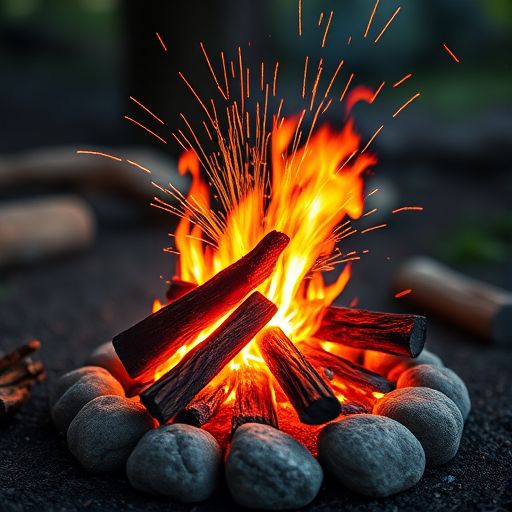 Create an image of a campfire with vibrant flames and colorful sparks, set on a circular stone base, captured with a DSLR camera at f/2.8, ISO 400, shutter speed 1/125 sec, using a 50mm lens for a shallow depth of field and visually appealing bokeh in the background.
