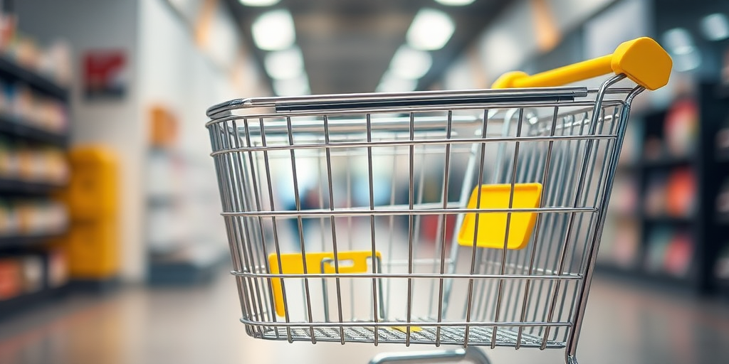 create a side view image of a shiny metallic shopping cart with yellow accents in a well-lit indoor environment, use a 50mm lens, aperture f/2.8, ISO 200, shutter speed 1/125s, with a DSLR camera and a shallow depth of field to enhance image quality