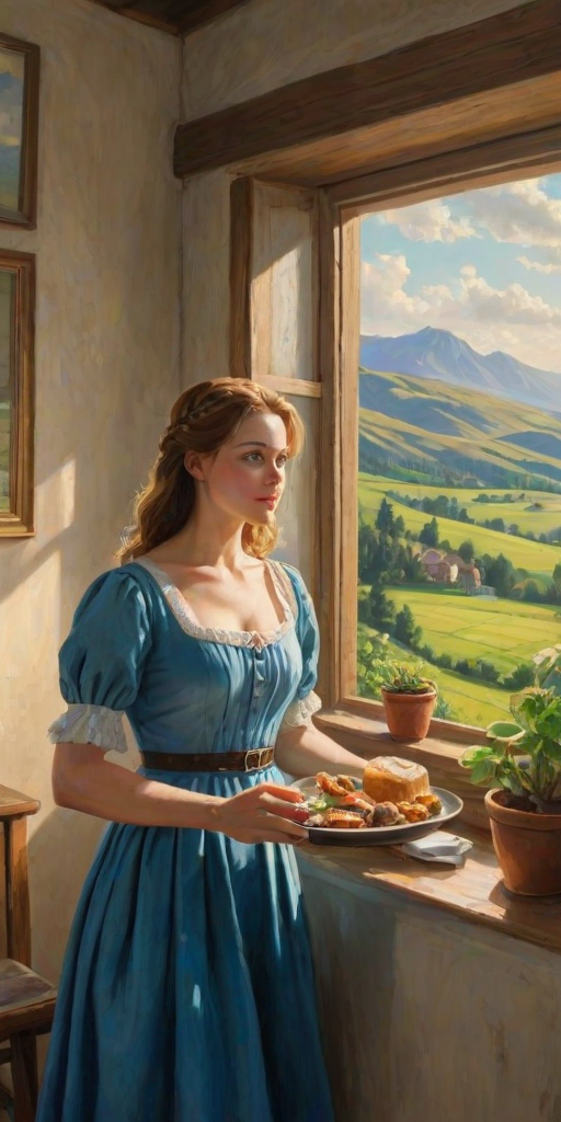 In "A Glass of Beer on the Highland," a serene scene is depicted in a sunlit room where a woman in a vibrant blue dress stands by a large window. She holds a tray with a hearty meal and a frothy glass of beer, embodying a moment of relaxation. Outside, the breathtaking highland landscape features rolling green hills and a charming traditional house, all bathed in warm afternoon light. The interior is adorned with potted plants, creating a harmonious blend of comfort and nature. The painting beautifully captures the tranquility and joy found in simple pleasures amidst stunning scenery