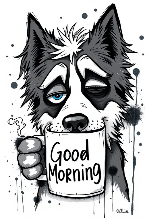 A quirky, artistic illustration of a disheveled greater swiss mountain dog with exaggerated, large eyes and spiky fur, holding a coffee mug that reads "Good Morning". The dog has a tired but humorous expression, with ink splatters and abstract details surrounding it, giving a whimsical feel to the image. The color palette is mostly monochrome with hints of blue in the eyes and steam rising from the mug, enhancing the overall sleepy vibe