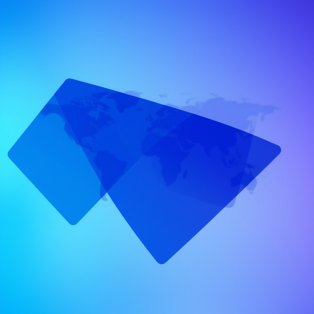 Create a high-resolution abstract digital background featuring a gradient of blue tones with overlapping geometric shapes and a subtle world map in the background, captured using a professional DSLR camera, 50mm lens, f/1.8 aperture, ISO 100, shutter speed 1/125s, with a soft focus and vibrant color saturation.