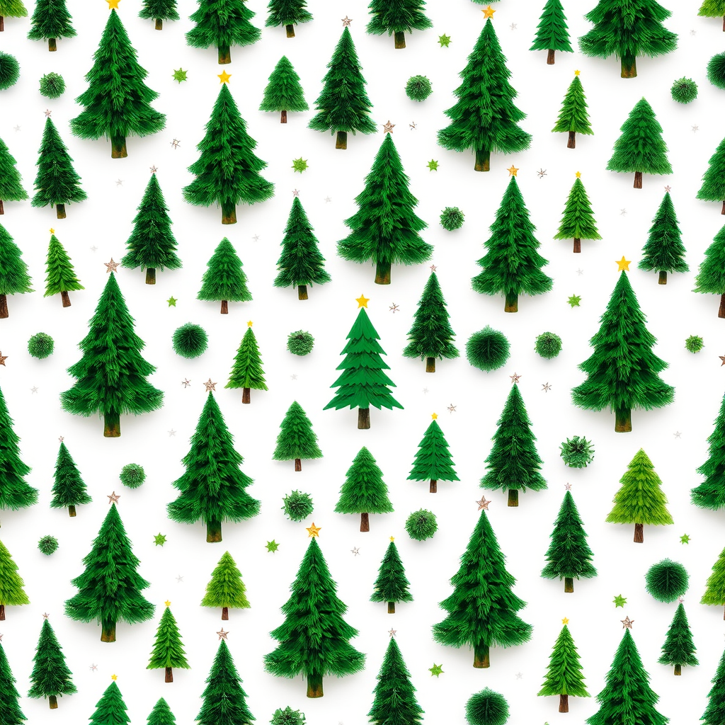 create a seamless pattern of various green Christmas trees and geometric tree shapes on a white background captured with a DSLR camera at f/8 aperture, 1/250 sec shutter speed, ISO 200, top-down view, vibrant colors, high resolution