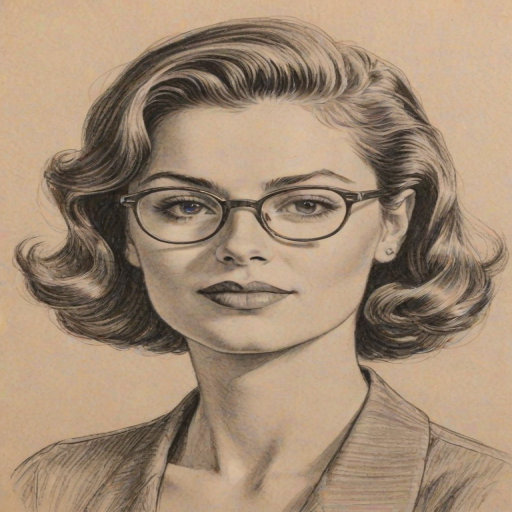 Splendid Shoshannah Stern, pencil sketch, portrait of Captivating woman 1945s in glasses, hair style beatnik, outline, clear lines, fine lines, 8k