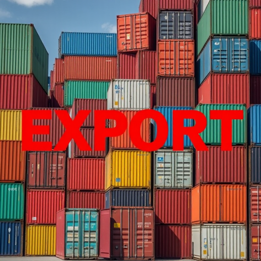 High-resolution photograph of a stacked shipping container yard featuring colorful containers with an overlay of the word "EXPORT" in bold red letters, shot with a DSLR camera at f/8, ISO 100, 1/250 sec, 24mm, landscape orientation, natural light for enhanced detail and clarity.