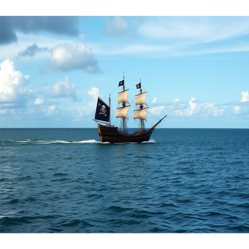 A pirate ship sailing through calm waters under a partly cloudy sky, captured with a DSLR camera at f/8 aperture, 1/500 sec shutter speed, ISO 200, using a wide-angle lens at 24mm, elevated angle for a dynamic view.