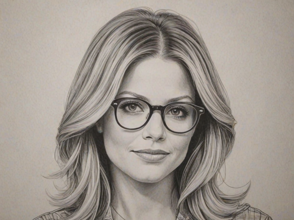 Lovely Candace Cameron Bure, pencil sketch, portrait of Gorgeous woman 1969s in glasses, hair style beatnik, outline, clear lines, fine lines, 8k