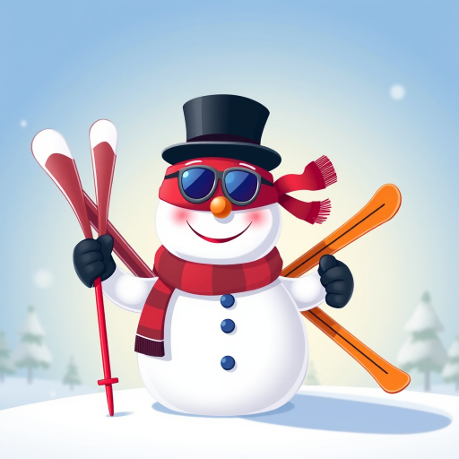 Create a high-resolution illustration of a cartoon snowman holding skis and ski poles, colorful and cheerful, with a black top hat and a red scarf, using a DSLR camera with a 50mm lens, f/1.8 aperture, ISO 100, and natural lighting for vibrant colors and sharp details.