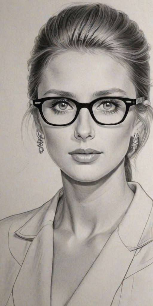Enchanting Nicky Hilton, pencil sketch, portrait of Comely woman 1956s in glasses, hair style beatnik, outline, clear lines, fine lines, 8k