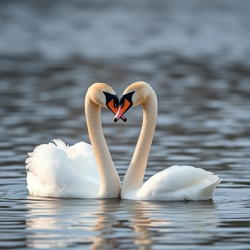 swans swimming close together on still water, soft natural lighting, shallow depth of field, ISO 200, f/2.8, 1/500s, 85mm lens, DSLR camera, high resolution