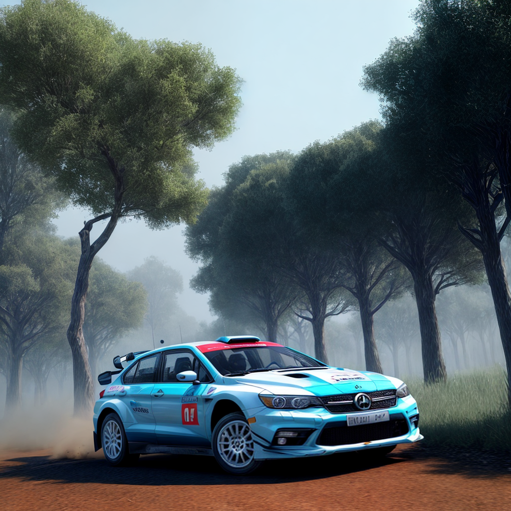 rally car jumping over tree in cyberpunk aesthetic