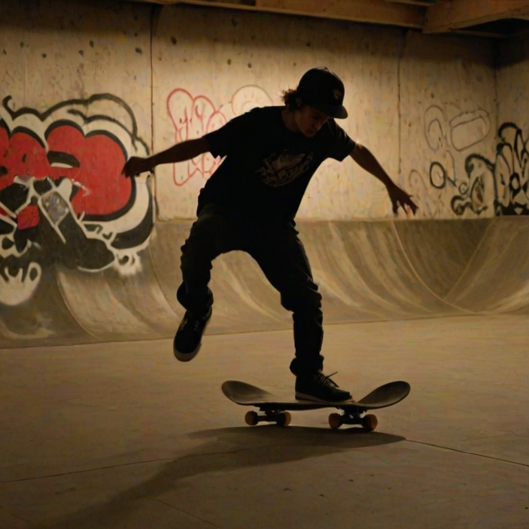 Blurry action shot of a skateboarder performing a trick in a dimly lit skatepark, with graffiti-covered walls in the background, soft light from a nearby streetlamp casting shadows.