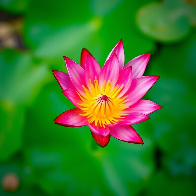 a vibrant pink water lily with yellow center on a soft-focus green background, taken with a Canon EOS R5, 100mm macro lens, aperture f/2.8, ISO 100, natural lighting, shot from above at an angle to emphasize the flower's structure and colors
