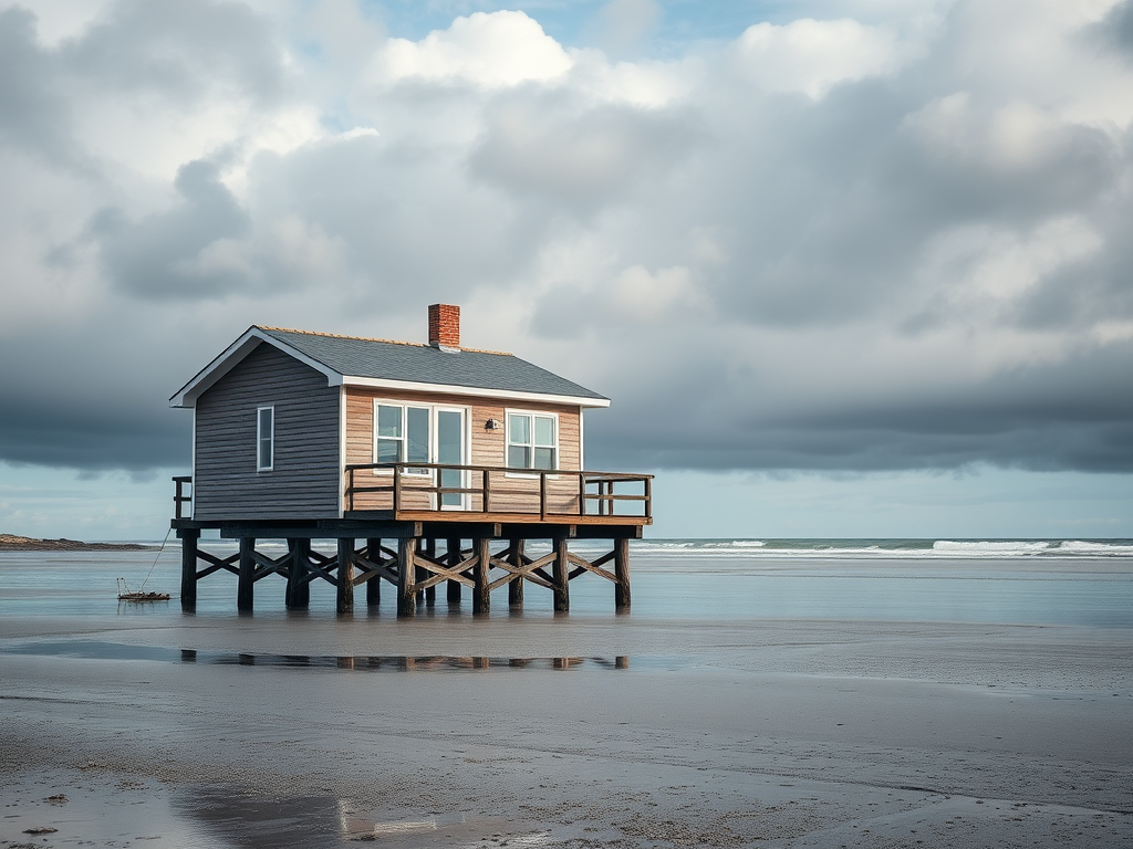 capture a minimalist beach house on stilts at low tide with moody clouds, use a Canon EOS R5 with a 24-70mm f/2.8 lens, aperture set to f/8 for depth of field, ISO 100, shutter speed 1/250 seconds, wide-angle view to emphasize the surroundings and soft natural lighting for clarity