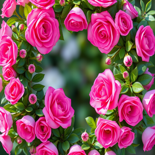 Create a vibrant circular floral frame with pink roses and green foliage in high resolution, using a DSLR camera with a 50mm lens, aperture set to f/2.8, ISO 100, and natural lighting for enhanced colors and details.