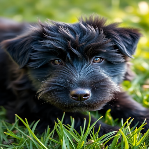 Capture a close-up shot of a fluffy black dog lying on green grass in soft natural light, using a DSLR camera with a 50mm lens, aperture f/1.8, shutter speed 1/200s, ISO 200, focus mode set to single point, and a low angle perspective to emphasize the dog's expression.