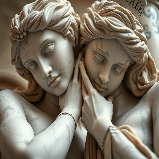 Capture a close-up shot of two intertwined marble statues with soft lighting, using a DSLR camera at f/2.8 aperture, ISO 100, 50mm lens, in portrait orientation and low-angle view to enhance the texture and details of the figures.