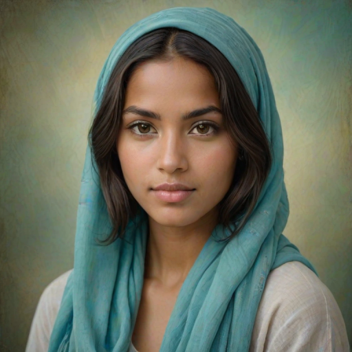 Create a portrait of a young Tahitian woman with long, dark hair and captivating hazel eyes. She is wearing a cyan headscarf and a matching scarf draped gracefully around her neck. The background is softly blurred, focusing attention on her serene and natural expression. The overall color palette is muted and warm, enhancing the intimate and authentic feel of the portrait.