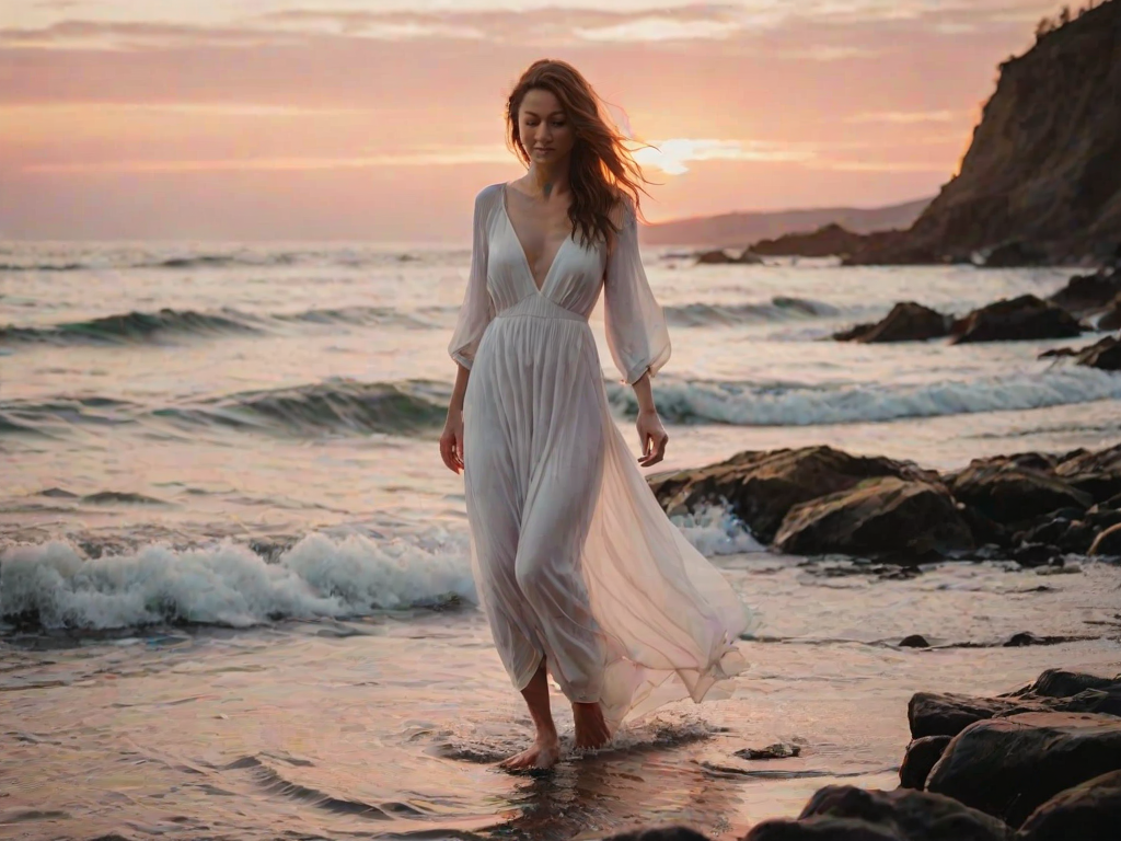 Soft-focus image of a woman in a flowing white dress standing barefoot on a rocky shoreline at sunset, soft waves crashing against the rocks, with pink and orange hues reflecting off the water.