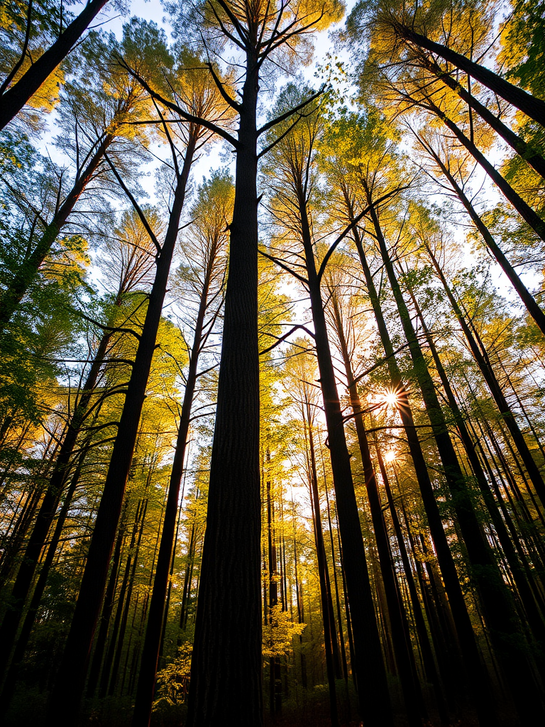 Create a high-resolution image of a serene forest scene during golden hour, utilizing a Canon EOS R5 with a 24mm f/1.4 lens, aperture set to f/2.8, ISO 100, shutter speed 1/125s, captured from a low angle to emphasize the towering trees and dappled sunlight filtering through the leaves, in vibrant colors and high dynamic range.