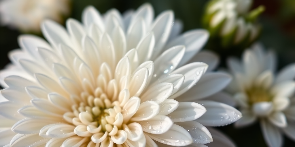 macro shot of a white chrysanthemum with dew droplets, natural soft lighting, aperture f/2.8, shutter speed 1/200s, ISO 100, top-down view, DSLR camera, shallow depth of field