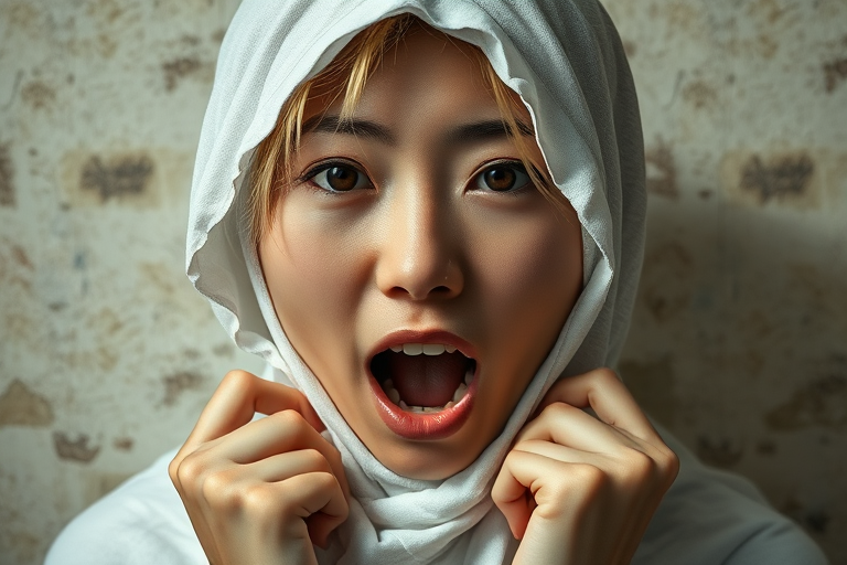 Create a close-up photographic image of a Asian woman with light skin tones shown against an old, worn wall. Their head is wrapped in a white cloth covering (i.e.... parts of the head except the nose and mouth, which are open as if they are screaming...), with a slight texture and visible folds in the fabric. Thin strands of blonde hair escape from the wrapping above, falling lightly at the top and sides. Their hands hold the fabric as if they are tugging nervously. The lighting is dramatic and even, casting strong shadows. The image has a minimalist and surreal style with an emphasis on simplicity with soft color tones. The composition is centered.