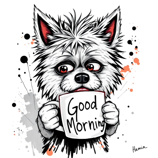 A quirky, artistic illustration of a disheveled german spitz with exaggerated, large eyes and spiky fur, holding a coffee mug that reads "Good Morning". The dog has a tired but humorous expression, with ink splatters and abstract details surrounding it, giving a whimsical feel to the image. The color palette is mostly monochrome with hints of red in the eyes and steam rising from the mug, enhancing the overall sleepy vibe