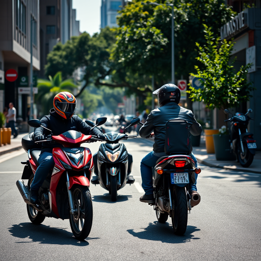 High-quality urban scene of two motorcyclists in a discussion on a city street, wide-angle lens, f/2.8 aperture, 1/500s shutter speed, ISO 200, natural lighting, captured with a DSLR camera for sharp detail and vibrant colors.