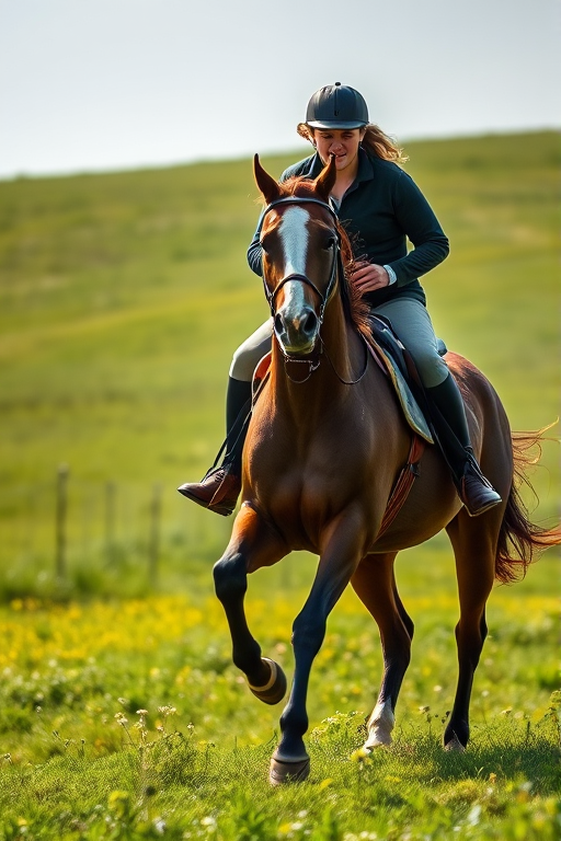 Capture a dynamic shot of a rider on a galloping horse in a vibrant green field, using a Canon EOS 5D Mark IV with a 70-200mm f/2.8 lens at ISO 200, aperture f/4, shutter speed 1/1000s, and a low-angle perspective to enhance the sense of speed and motion.
