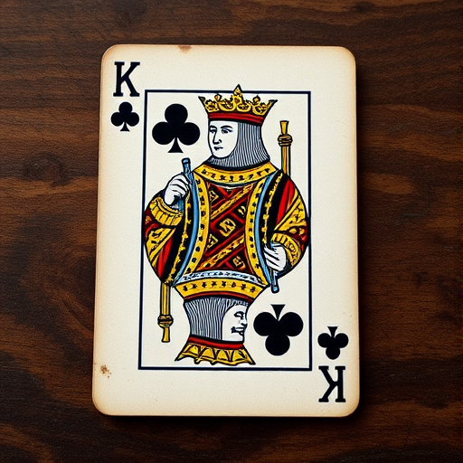 Generate a high-resolution image of a vintage playing card featuring the King of Clubs, shot with a 50mm lens at f/2.8, ISO 100, in natural soft light, using a DSLR camera from a straight-on angle to capture intricate details and textures.