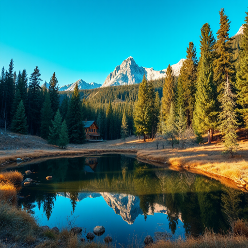 Generate a landscape image of a serene mountain scene with a clear blue sky, featuring a reflective pond surrounded by lush pine trees and a cozy cabin in the background, captured with a Canon EOS R5, 24mm lens, aperture f/8, ISO 100, and a crisp, wide-angle perspective.
