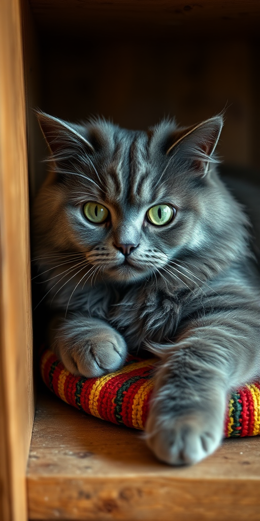 A fluffy gray cat with striking green eyes lounging on a colorful woven mat inside a wooden shelf, natural light, aperture f/2.8, shutter speed 1/100s, ISO 200, taken with a DSLR camera using a 50mm lens in a shallow depth of field.
