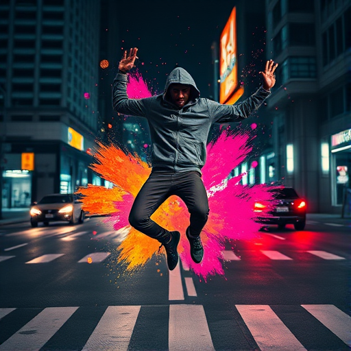 Create a dynamic urban scene of a person in mid-air wearing a hoodie, surrounded by vibrant splashes of color against a night city backdrop with light trails from passing cars, use a Canon EOS R5 with a 24-70mm f/2.8 lens, aperture at f/4, ISO 100, shutter speed 1/250s, and a wide-angle perspective to capture the energy of the moment.