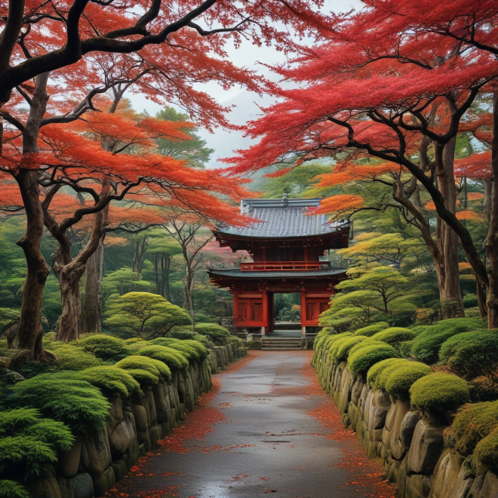 Serene Pathway Through Vibrant Autumn Trees Leading to Traditional ...