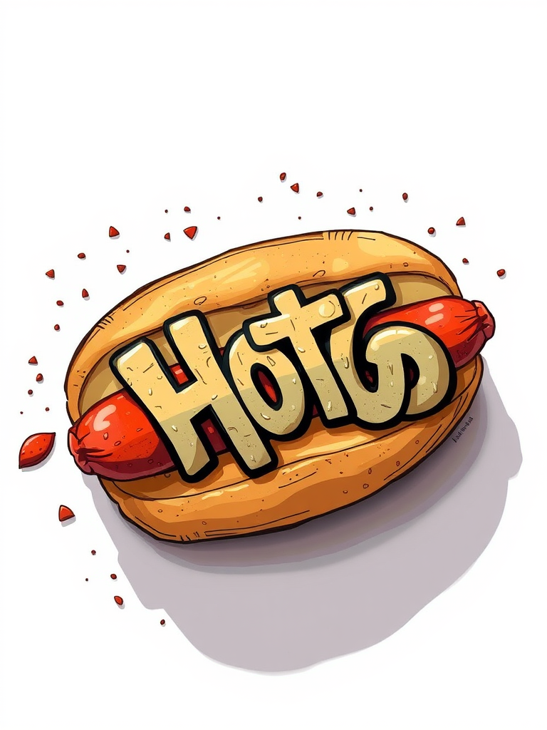 Create a detailed illustration of a hot dog with graffiti-style text on it, using a DSLR camera with a 50mm lens, aperture f/2.8, ISO 100, and a shallow depth of field, top-down view, high contrast and vibrant colors for enhanced image quality.