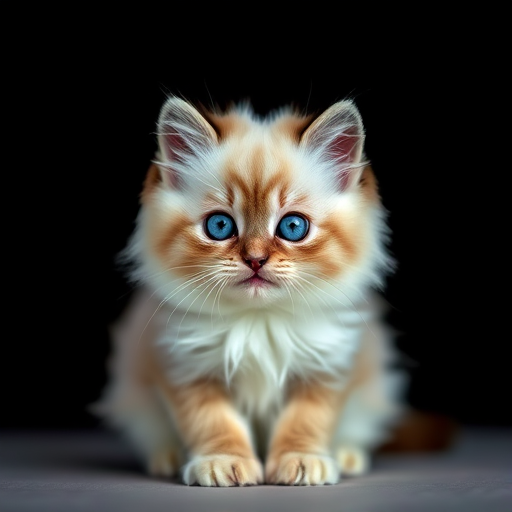 A fluffy Ragdoll kitten with striking blue eyes sitting on a soft surface against a black background, captured with a Canon EOS 5D Mark IV, 50mm f/1.8 lens, aperture f/2.8, ISO 200, 1/200 sec, in natural light for a soft focus effect.