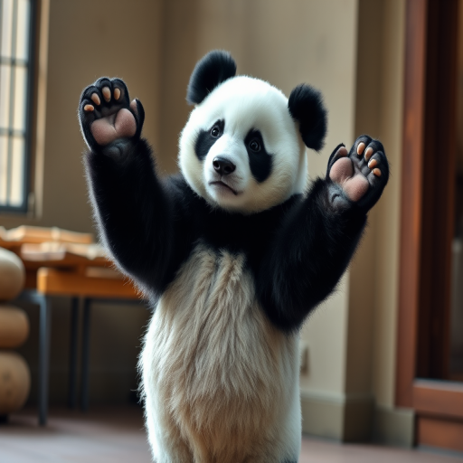 This high-resolution photograph captures a charming panda named Huahua, depicted standing upright on her hind legs in an indoor environment. Huahua has her distinctive black and white fur, and her front paws are raised, suggesting a sense of determination or frustration. Her posture is strong and assertive, with her legs slightly apart and her paws positioned as if she is preparing to take action.
