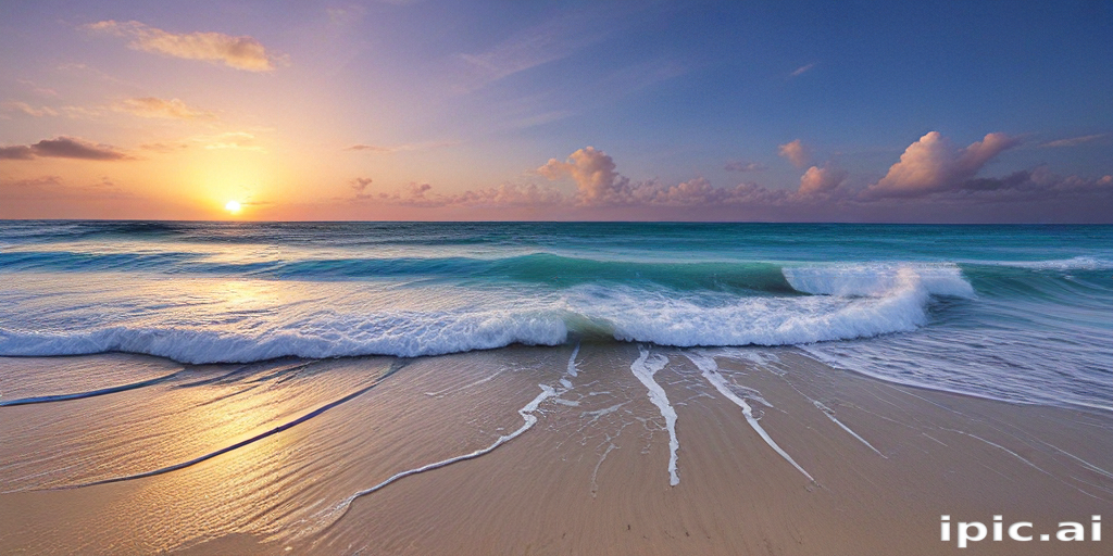 Serene Sunset Over Calm Ocean Waves Gently Lapping on Sandy Shore