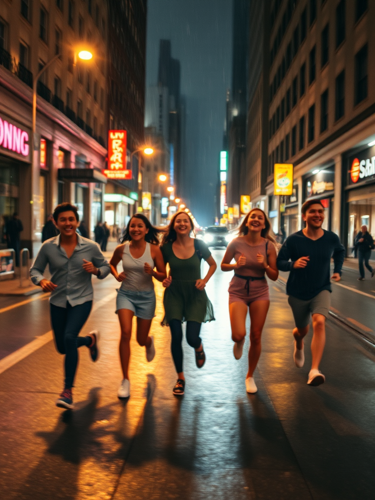 Blurry photo of a group of friends running down a city street at night, streetlights casting warm glows on their faces, laughter frozen in the moment, a soft rain falling, reflections of neon signs in the wet pavement, a distant sound of a honking car, soft shadows of buildings looming above.