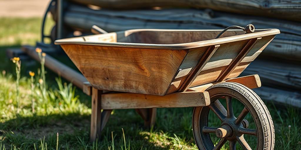 Generate a high-resolution image of an old wooden wheelbarrow, captured with a Canon EOS 5D Mark IV using an aperture of f/2.8, ISO 200, and a shutter speed of 1/250 seconds, with a 50mm lens in natural light from a 45-degree angle to enhance texture and detail.