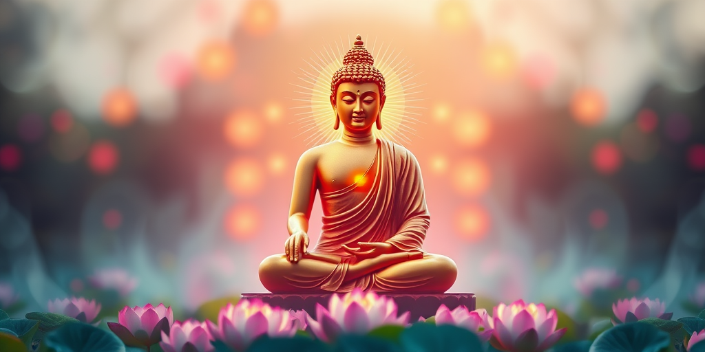 Generate a serene image of a meditating Buddha with glowing energy waves surrounding it, vibrant light colors, soft-focus background, lotus flowers in the foreground, shot with a Nikon D850, 50mm f/1.8 lens, aperture f/2.8, shutter speed 1/125s, ISO 100, in a symmetrical composition.