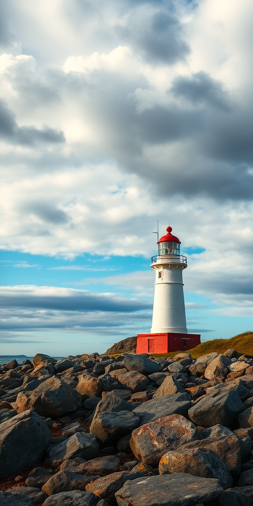 Capture a lighthouse on a rocky shore under a dramatic sky with clouds, using a DSLR camera, ISO 100, aperture f/11, shutter speed 1/250s, wide-angle lens at 24mm, in natural lighting conditions for enhanced image quality.