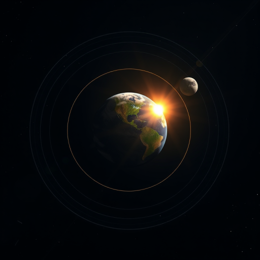 Create a detailed illustration of the Earth and Moon in their orbits around the Sun, with a clear depiction of light rays originating from the Sun, using a DSLR camera with a 35mm lens at f/8, ISO 100, and a 1/200 second shutter speed, shot from a wide-angle perspective to enhance depth and clarity.