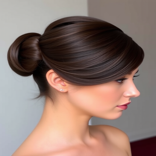 Elegant hair style exhibiting a smooth high ballet bun with a deep side part in a rich espresso brown shade