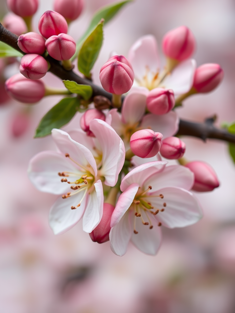 Close-up of blooming apple flowers with pink buds on a branch, soft focus background, taken with a DSLR camera at f/2.8, 50mm lens, ISO 100, 1/200 sec exposure, natural soft light.