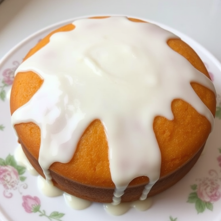 A round cake with a smooth golden-brown surface topped with a thick white icing that drips down the sides, displayed on a decorative white plate with floral patterns.
