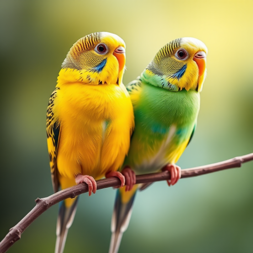 Generate a high-resolution illustration of two colorful budgerigars perched on a branch, using a DSLR camera with a 50mm lens, f/1.8 aperture, ISO 100, and soft natural lighting for enhanced vibrancy and detail.
