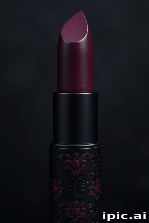 Mysterious deep plum matte lipstick in "Midnight Velvet" style, accentuated by intricate lace-like patterns etched into the surface, creating an alluring and sophisticated look