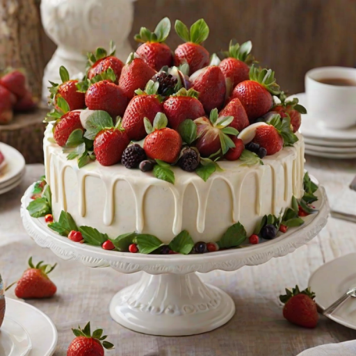 Create an image of a beautifully decorated cake on a rustic white stand. The cake should have a smooth, glossy red glaze on top, with artistic swirls of white frosting. Decorate the top with fresh strawberries, figs, red berries, and green leaves for a vibrant and inviting look. The background should have a light, neutral tone to highlight the cake's colors.