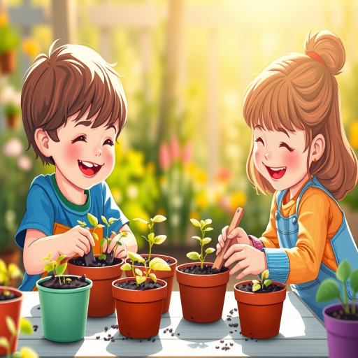 Create a bright and colorful illustration of two children planting seeds in pots, smiling and enjoying gardening, with a soft-focus background of a sunny garden, using a digital art style with vibrant colors, maintain a pastel color palette, simulate a Canon EOS R5 camera at f/4 aperture, 50mm lens, ISO 100, and a wide-angle view for depth.