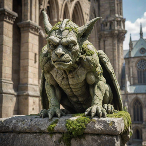create an ultra-realistic and very detailed photograph of a very old stone gargoyle in a cathedral. the stone is a little worn, with some broken parts. cracks. moss. the background is a blurred image of the city. It includes shadows and contrasts to make the image more realistic